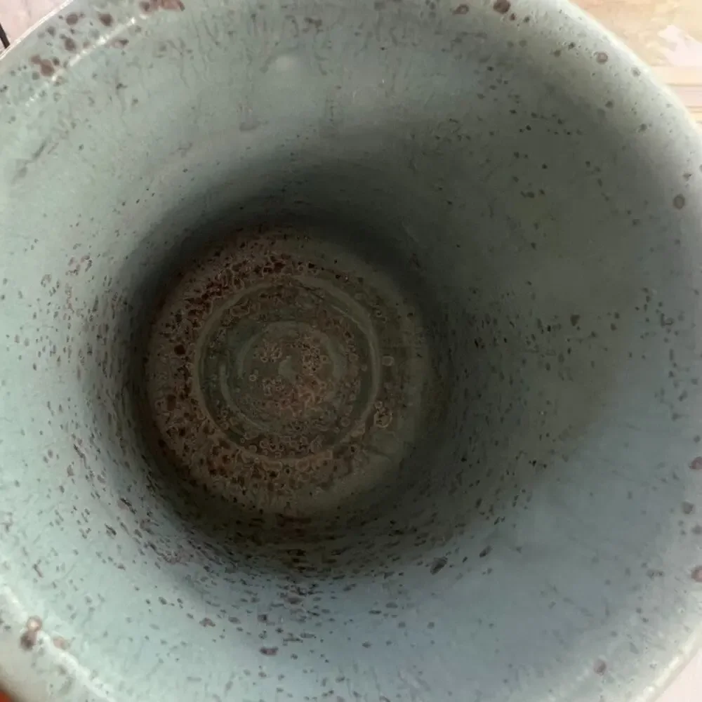 Unmarked Stoneware Tumbler Cups Speckled Blue Etched Tree Design Set of 2